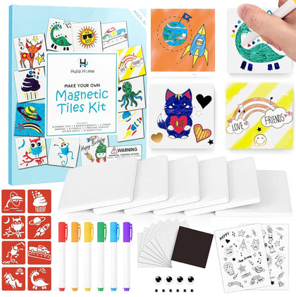 Hula Home Magnetic Mini Tile Art Kit with Markers - Kids Crafts & DIY Arts Magnets for Girls & Boys - Self Adhesive Magnet for Fridge, Locker - Fun Party Favors for Outdoor Activities