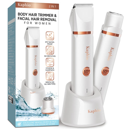 Electric Bikini Trimer Shaver Women: 2 in 1 IPX7 Waterproof Wet & Dry Use Body Hair Trimmer and Facial Hair Remover - Rechargeable Hair Removal Kit for Bikini Underarm Leg Arm Body Face