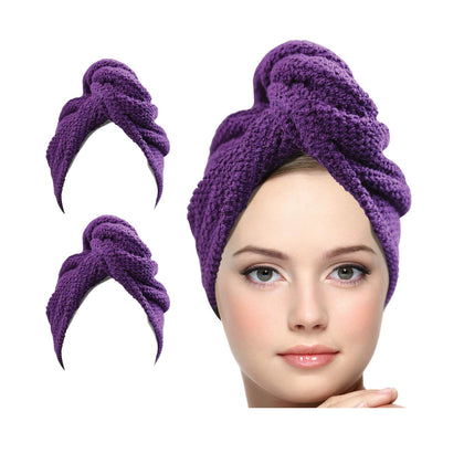 KEEPOZ Hair Towel Wrap Quick Dry 100% Cotton Super Absorbent Turban Head Wrap for Women with Button, Non Microfiber Anti Frizz Hair Products, Hair Cap for Curly, Long Hair (Purple Check, 2 Pcs)