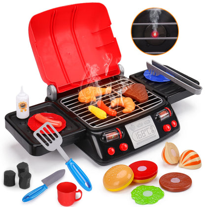 Kids Play Food Grill with Pretend Smoke Sound Light Kitchen Playset BBQ Accessories Camping Toy Cooking Set Barbecue Toy for Toddler Girl Boy Toy 2 3 4 5 6 Year Old 4-8 Birthday Idea
