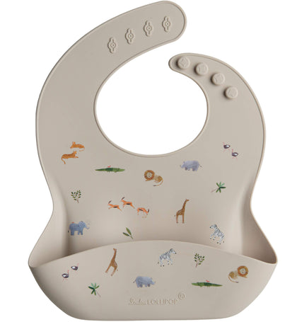 Loulou Lollipop Soft, Waterproof Silicone Feeding Bib for Babies and Toddlers 3 to 36 Months, Easy to Clean, Adjustable Fit and Catch-All Pouch - Safari