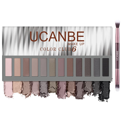 UCANBE 12 Color Eyeshadow Makeup Palette, Naked Nude Eye Shadow, Neutral Matte Shimmer Make Up Pallet with Double-ended Brush Set Kit, Highly Pigmented Long Lasting Waterproof (06)