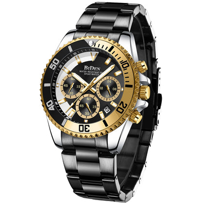 Mens Watches Chronograph Black Gold Stainless Steel Waterproof Date Analog Quartz Watch Business Casual Fashion Wrist Watches for Men