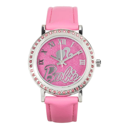 Accutime Barbie Women's Pink Glitter Analog Watch with Faux Leather Strap - Elegant Timepiece Inspired by Barbie The Movie, Silhouette Dial - BAR5017AZ