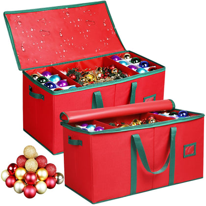 Paterr 2 Pcs Christmas Ornament Box with 64 Ornaments Dividers 600d Waterproof Oxford Cloth Box Christmas Red Storage Container Large Capacity Ornament Keeper for Holiday (25.59