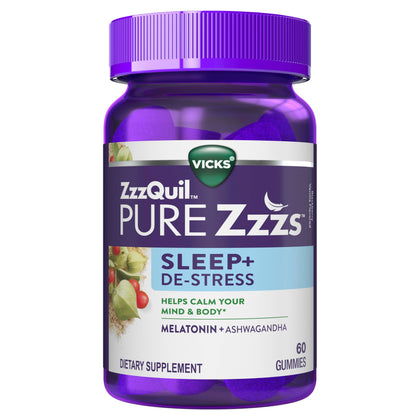 ZzzQuil PURE Zzzs De-Stress Melatonin Sleep Aid Gummies, Helps Calm Your Mind and Body, Ashwagandha for Stress Support, Sleep Aids for Adults, 1 mg per gummy, 60 Count