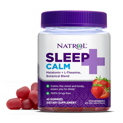 Natrol Sleep+ Calm Gummies, Drug Free Sleep Aid Supplement, Calm an Active Mind, Ease to Sleep, 6 mg Melatonin and 100 mg L-Theanine, Gluten Free & Gelatin Free, 60 Strawberry Flavored Gummies