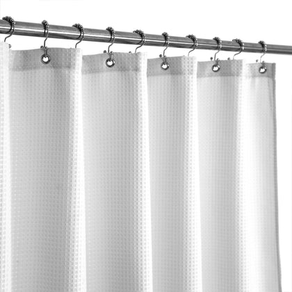 Barossa Design Waffle Weave White Shower Curtain Hotel Luxury Quality, Fabric Shower Curtains for Bathroom, Pique Pattern Cloth, Water Repellent and Machine Washable, Standard Size 72