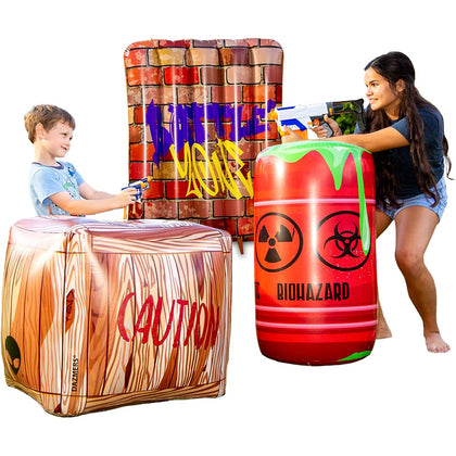 Inflatable Battle Obstacles Set - Inflatable Bunker Fort - 3 Inflatable Barriers - Barrel, Container Box and Wall - Laser Tag, Paintball, Dart Blaster, Water and Airsoft Guns