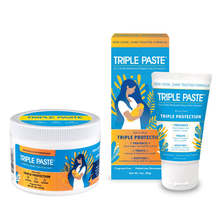 Triple Paste Diaper Rash Cream for Baby - 8 Oz Tub & 3 Oz Tube At Home & On the Go Bundle - Zinc Oxide Ointment Treats, Soothes and Prevents Diaper Rash