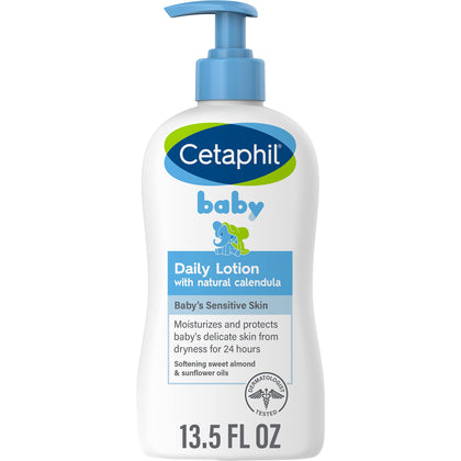 Cetaphil Baby Daily Lotion with Organic Calendula, NEW 13.5 fl oz, Vitamin E, Sweet Almond & Sunflower Oils, Mineral Oil Free, Paraben Free, Dermatologist Tested, Clinically Proven for Sensitive Skin