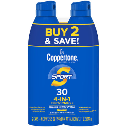 Coppertone SPORT Sunscreen Spray SPF 30, Water Resistant Spray Sunscreen, Broad Spectrum SPF 30 Sunscreen Pack, 5.5 Oz Spray, Pack of 2