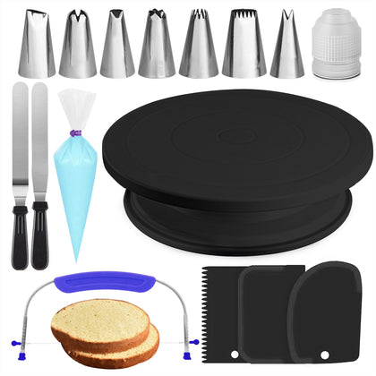 RFAQK 35PCs Cake Decorating Supplies Kit and Leveler-Rotating Cake Turntable with Non Slip pad-7 Icing Tips and 20 Bags- Straight & Offset Spatula-3 Scraper Set -Ebook, Black