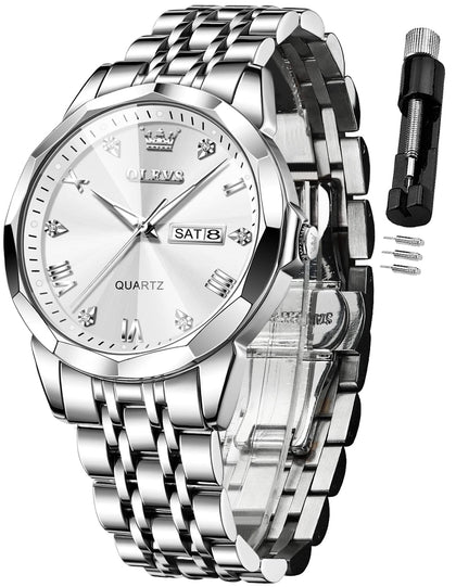 OLEVS Watch for Men Diamond Business Dress Analog Quartz Stainless Steel Waterproof Luminous Date Two Tone Luxury Casual Wrist Watch Silver