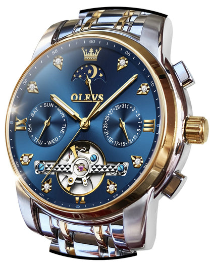 OLEVS Automatic Watches for Men Skeleton 5 Hands Mechanical Blue Watch Classic Luxury Calendar Stainless Steel Waterproof Mens Wrist Watch