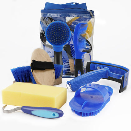 GINDOOR 9 Pieces Horse Grooming Kits, Horse Brush Set with Tote Bag, Horse Bathing Supplies Sweat Scraper Bathing Sponge, Hoof Pick, Curry Comb for Horse Riders Beginners?Blue?