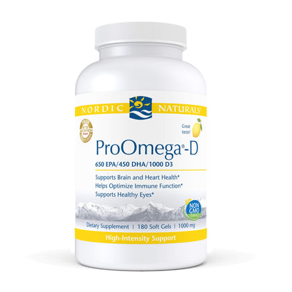 Nordic Naturals ProOmega-D, Lemon Flavor - 180 Soft Gels - 1280 mg Omega-3 + 1000 IU D3 - High-Potency Fish Oil - EPA & DHA - Brain, Eye, Heart, Joint, & Immune Health - Non-GMO - 90 Servings