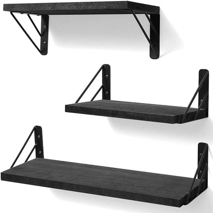 BAYKA Wall Shelves for Bedroom Decor, Floating Shelves for Wall Storage, Wall Mounted Rustic Wood Shelf for Books,Plants,Small Wall Shelf for Bathroom,Kitchen,Living Room(Black?Set of 3)