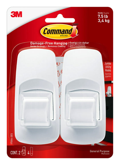 Command Jumbo Utility Hooks, Damage Free Hanging Wall Hooks with Adhesive Strips, No Tools Wall Hooks for Hanging Christmas Decorations, 2 White Hooks and 4 Command Strips