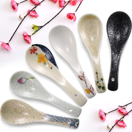 Rhymad 6 Pieces Japanese Retro Soup Spoons Ceramics Soup Spoons Japanese Style Rice Spoon Flatware Asian Chinese Serving Spoons Appetizers Tableware Meal Partner for Tasting