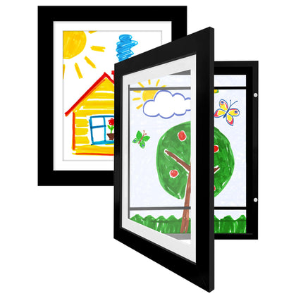 Americanflat Front Loading Kids Art Frame in Black - 8.5x11 Frame with Mat and 10x12.5 Without Mat - Kids Artwork Frames Changeable Display - Frames for Kids Artwork Holds 100 Pieces - Set of 2