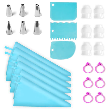 Riccle Reusable Silicone Piping Set - 27 Pcs Cake Decorating Kit With 6 Pastry Bags, Couplers, Frosting Tips, Bag Ties & Cake Scrapers