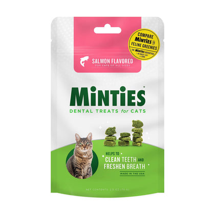 Minties Dental Treats for Cats, (Chicken/Salmon) Flavored Treats for Cats, Freshens Breath and Controls Tartar, 2.5oz