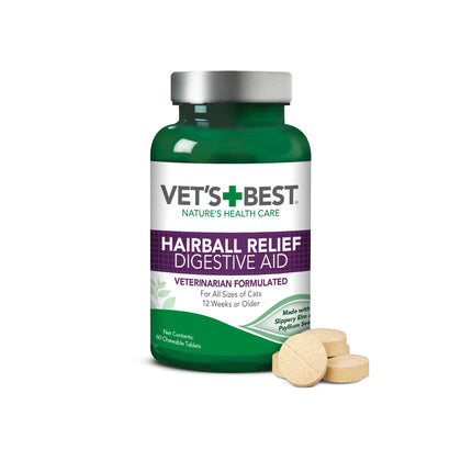 VetS Best Cat Hairball Relief Digestive Aid | Vet Formulated Hairball Support Remedy | Classic Chicken Flavor | 60 Chewable Tablets