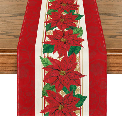 Artoid Mode Watercolor Poinsettia Red Christmas Table Runner, Seasonal Winter Xmas Holiday Kitchen Dining Table Decoration for Indoor Outdoor Home Party Decor 13 x 72 Inch