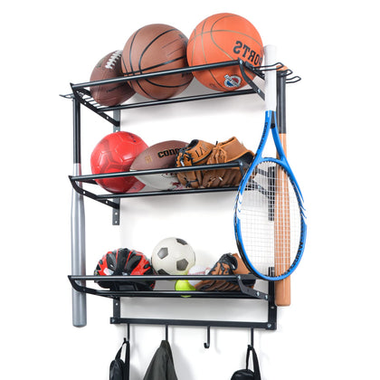 XCSOURCE Garage Sports Equipment Storage Rack with 3 Separate Shelf, Ball Rack, Sport Equipment Organizer with 4 Hooks for Badminton Racket, Basketball Rack for Basketball Football Rugby