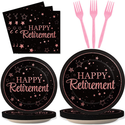 Wiooffen 96 Pcs Retirement Party Plates Napkins Tableware Set Rose Gold Happy Retirement Supplies Disposable Dinnerware Decoration Favors for Women, 24 Guests