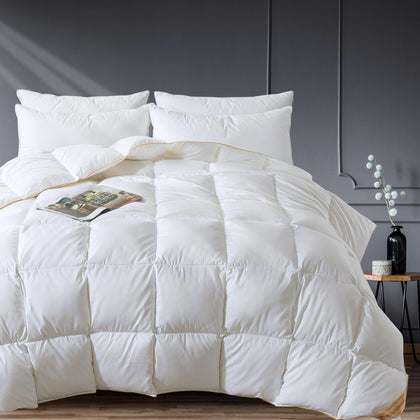 WhatsBedding Fluffy White Goose Feather Down Comforter Queen Size, All Season Down Duvet Insert Luxury Hotel Collection 750 FP, Ultra Soft Organic Silky Cotton Fabric, 4 Corner Tabs, 90x90 in