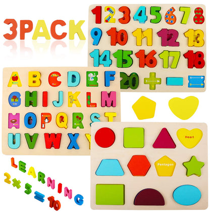 Wooden Puzzles for Toddlers, Voamuw Alphabet Number Shape Learning Puzzle for Kids Ages 3 4 5, Montessori Toys Preschool Education Gift Chunky Jigsaw for Boys and Girls