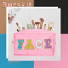 Burskit 4Pcs Preppy Patch Varsity Letter Makeup Nylon Cosmetic Bag Sewn with Skin Hair Face Stuff Chenille Letter Toiletry Bag Waterproof Portable Zipper Purse Travel Organizer for Women Girl