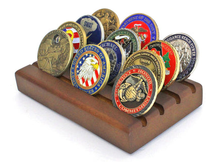DisplayGifts Challenge Coin Display Stand Wooden Holder Rack Case Holds 12 Military Challenge Coins, Walnut Finish