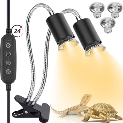 ZJNBMTFY Reptile Heat Lamp,Double-Head Heating Lamp for Reptiles, UVA/B Turtle Lamp with Clamp, Separate Control, Turtle Light,Basking Light for Reptiles Bearded Dragon Turtle Snake, 3 Basking Bulbs