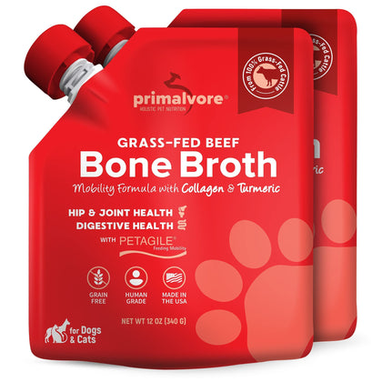Primalvore Grass-Fed Beef Bone Broth for Dogs &Cats, Mobility Formula w/Collagen Peptides to Help Support Hip & Joints, Digestion, Skin & Coat and Hydration, Human Grade, Made in USA. Beef 2 Pack