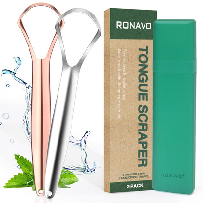 RONAVO Tongue Scraper (2 Pack), Tongue Cleaner Cure Bad Breath, Tongue Cleaners Stainless Steel, Metal Tongue Scrapers for Adults Fresher Breath in Seconds