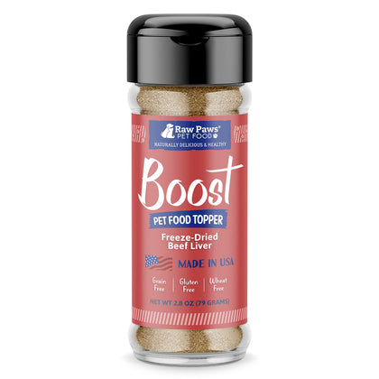 Raw Paws Boost Pet Food Topper Freeze-Dried Beef Liver, 3.2-oz, Made in USA, Dog Food Toppers for Picky Eaters, Cat Gravy Dog Gravy Topper for Dry Food, Beef Liver Sprinkles for Dogs, Cat Food Toppers