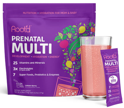 Root'd Prenatal Multivitamin Powder - 25 Vitamins & Minerals with 3X Electrolytes, Folate, Iron, D3 for Mom & Baby, 7 Superfoods & Probiotics, Sugar-Free Vitamins & Hydration | 24 Packets