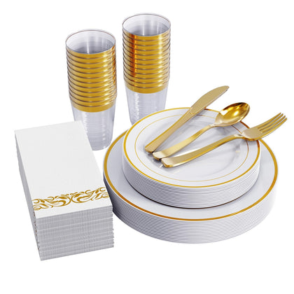 FOCUSLINE 175pcs Gold Dinnerware Set for 25 Guests, Gold Rim Plastic Plates Disposable, 25 Dinner Plates, 25 Dessert Plates, 25 Silverware Set, 25 Cups, 25 Napkins, Disposable Party Dinnerware