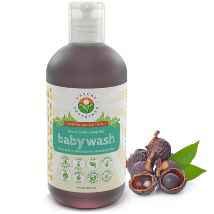 Raw 2 in 1 Natural Baby Shampoo and Body Wash - Gentle Cleansing Foaming Probiotic Bath Soap for Babies - Plant Derived Tear-Free Foam Cleanser Bodywash with Calendula and Turmeric - 9 Ounces