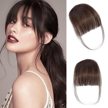Clip In Bangs-Fake Bangs Hair Clip Dark Brown Clip On Bangs Real Human Hair Air Curtain Bangs For Women Clips Wispy Bangs Hair Extensions Fringe With Temples Hairpieces Curved Bangs For Daily Wear