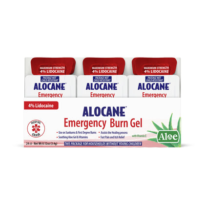 ALOCANE® Emergency Burn Gel Maximum Strength 4% Lidocaine Individual Use Packets,Commercial Grade, for Restaurants, Manufacturing, Other Heat Related Work environments, for Commercial Use Only, 24 Ct