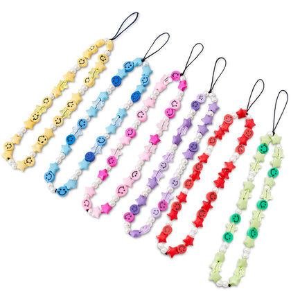 Vatogon Beaded Phone Strap Y2K Beaded Phone Charms Smiley Face Fruit Star Letter Pearl Handmade Rainbow Acrylic Polymer Clay Beads Keychain for Women Girls (6Pcs-D)