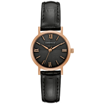 Caravelle by Bulova Ladies' Dress 3 Hand Quartz, Rose Gold Stainless Steel Case,Black Leather Strap, Black Dial Style:44L260