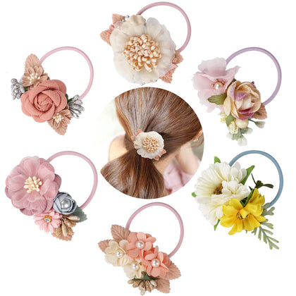 6 Pack Floral Hair Bows Ties Elastic Hair Bands Ponytail Holders, Faux Pearls Floral Hair Ties Hair Accessories for Women Girls Toddlers Kids Children