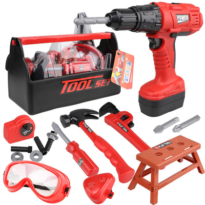 STEAM Life Kids Tool Set for Boys with Power Drill, Toddler Tool Set, Baby Tool Set, Kids Tool Kit, Toy Tool Set with Kid Tool Box and Toy Hammer, Red Electric Drill Tool Play Set for Kids 3 4 5 6 7 8