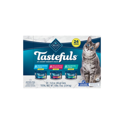 Blue Buffalo Natural Flaked Wet Cat Food Variety Pack, Tuna, Chicken and Fish & Shrimp Entrées in Gravy 3-oz Cans (24 Count)