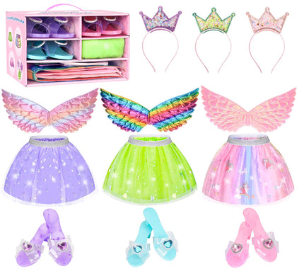 EULRGAUS Princess Dress Up, Toddler Dress Up Clothes for Girls with 3 Sets of Fairy Costumes, Unicorn Wings, Princess Shoes and Hairbands, Kids' Dress Up & Pretend Play Toys Gifts for Girls